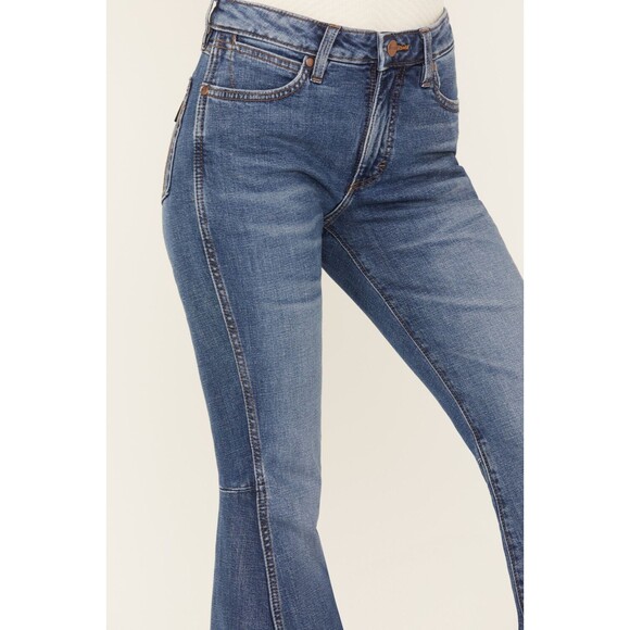 Wrangler Womens Retro High Rise Flare Denim Jeans Dark Blue Stretch Trumpet - Picture 3 of 14